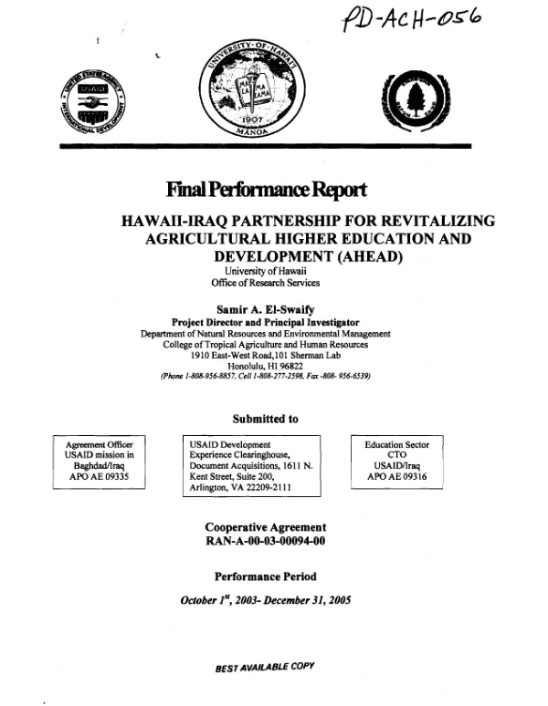Final performance report : Hawaii-Iraq partnership for revitalizing agricultural higher education and development (AHEAD) -- cooperative agreement RAN-A-00-03-00094-00 : performance period, October 1st, 2003-December 31, 2005