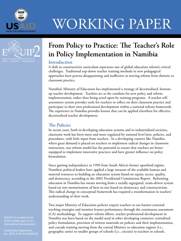 From policy to practice : the teacher"s role in policy implementation in Namibia