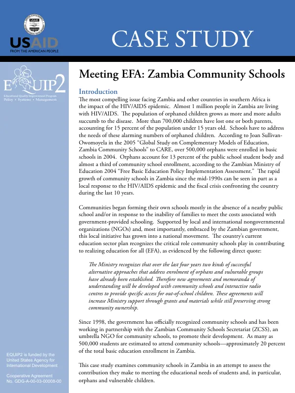Meeting EFA : Zambia community schools