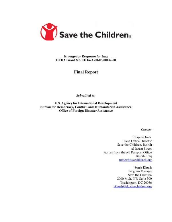 SAVE the Children : emergency response for Iraq -- OFDA grant no. HDA-A-00-03-00132-00 : final report