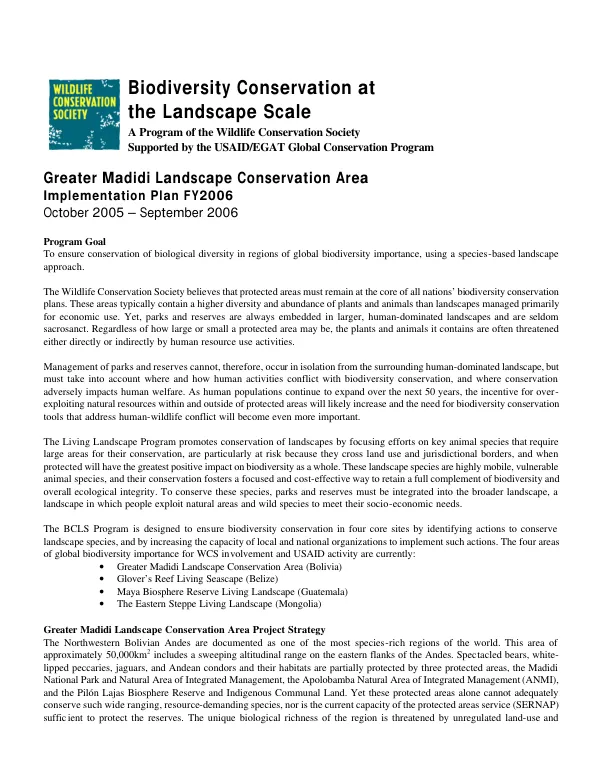 Greater Madidi landscape conservation area : implementation plan FY2006 -- October 2005-September 2006