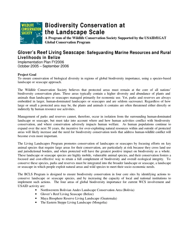 Glover"s Reef living seascape : safeguarding marine resources and rural livelihoods in Belize -- implementation plan FY2006 : October 2005-September 2006
