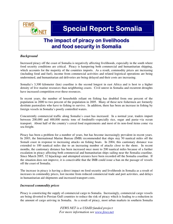 The impact of piracy on livelihoods and food security in Somalia