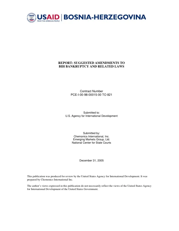 Report : suggested amendments to BiH bankruptcy and related laws