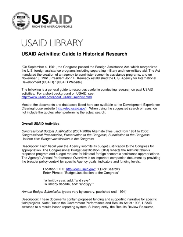 USAID activities : guide to historical research