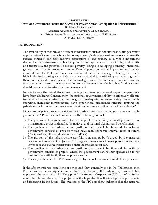 Issue paper : how can government ensure the success of private sector participation in infrastructure?