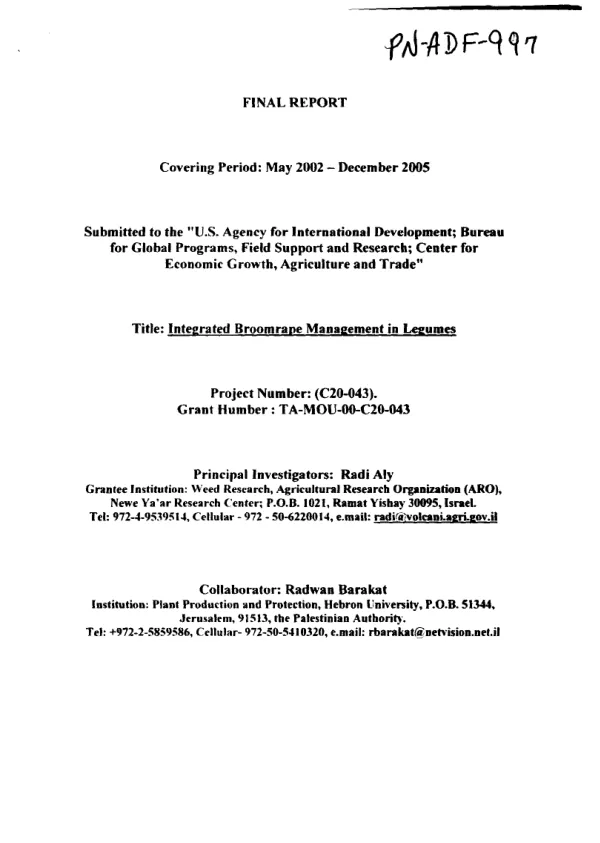 Final report covering period : May 2002-December 2005 -- integrated broomrape management in legumes