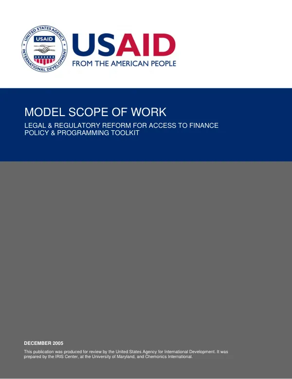 Model scope of work : legal & regulatory reform for access to finance -- policy & programming toolkit