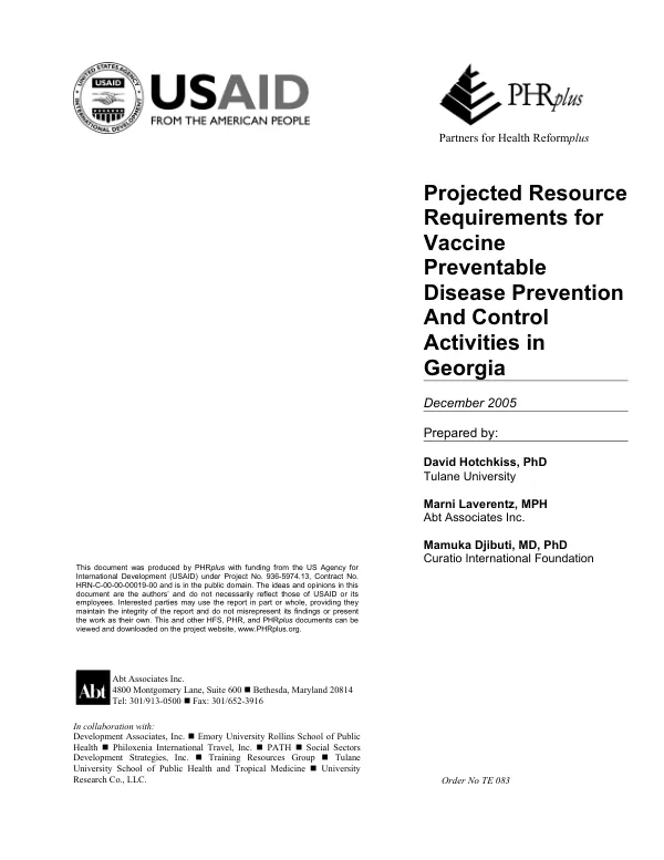 Projected resource requirements for vaccine preventable disease prevention and control activities in Georgia