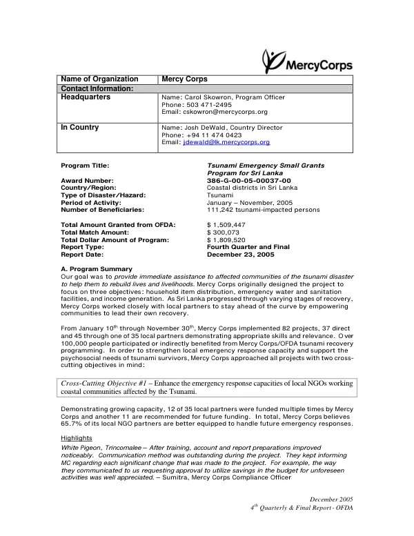 Tsunami emergency small grants program for Sri Lanka : 386-G-00-05-00037-00 -- fourth quarter and final