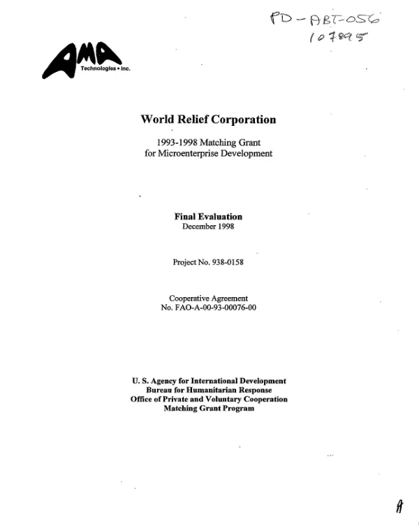 World Relief Corporation : 1993-1998 matching grant for microenterprise development -- final evaluation
