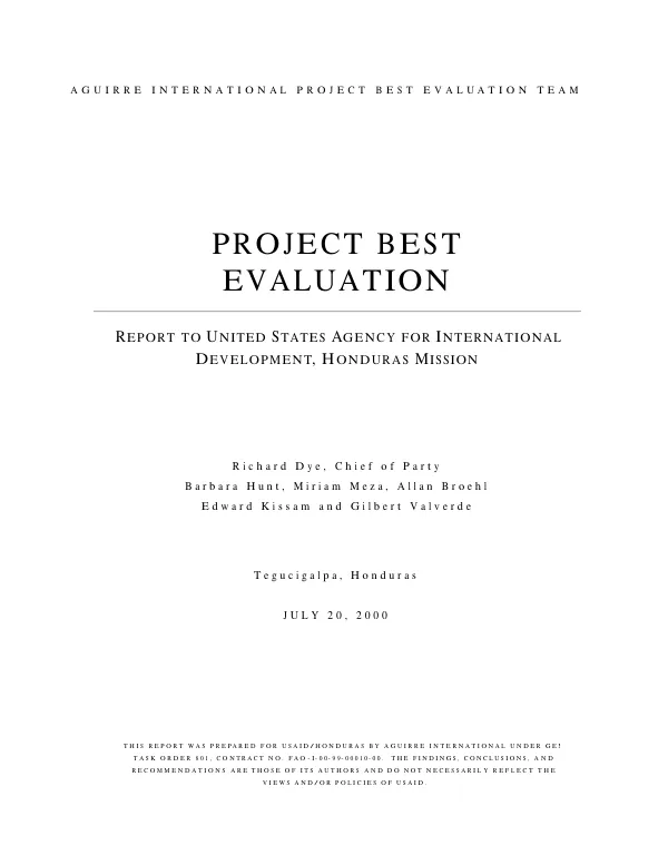 Project BEST [basic education strengthening] evaluation : report to United States Agency for Development, Honduras Mission