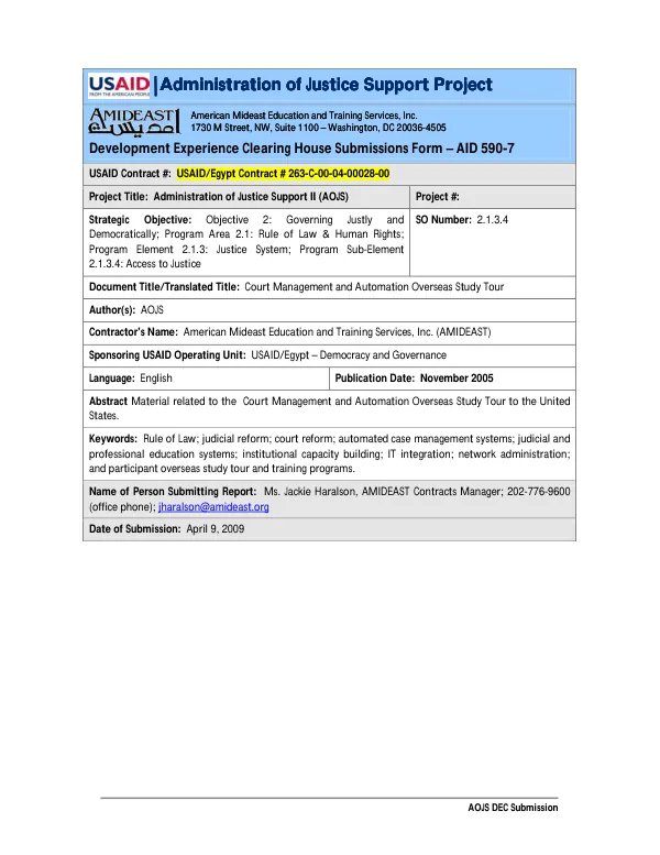 Court management and court automation study tour for Egyptian judicial officials, June 22-July 2, 2006 : briefing document