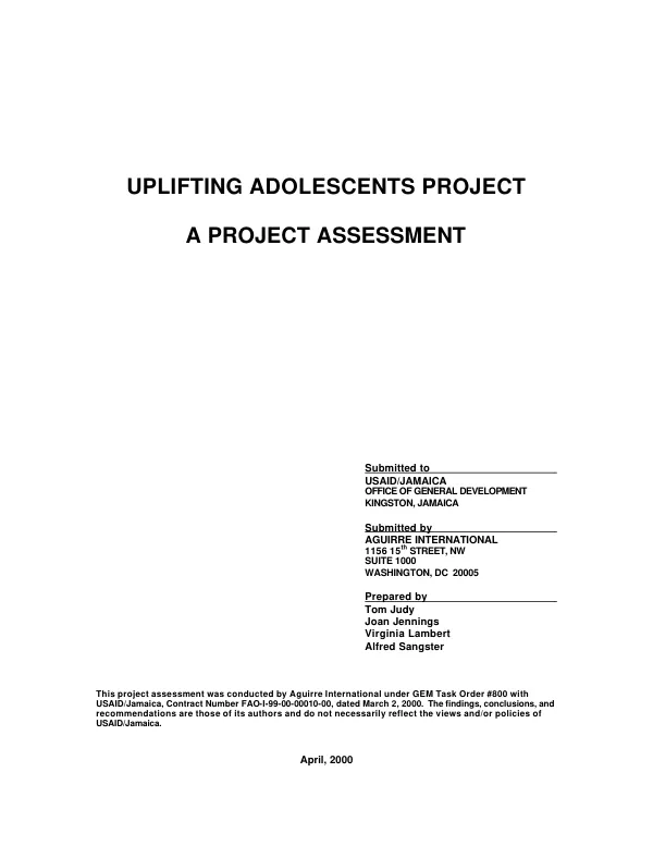 Uplifting adolescents project : a project assessment