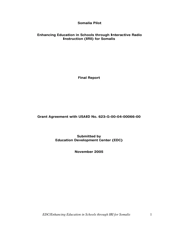 Somalia pilot : enhancing education in schools through interactive radio instruction (IRI) for Somalis -- final report