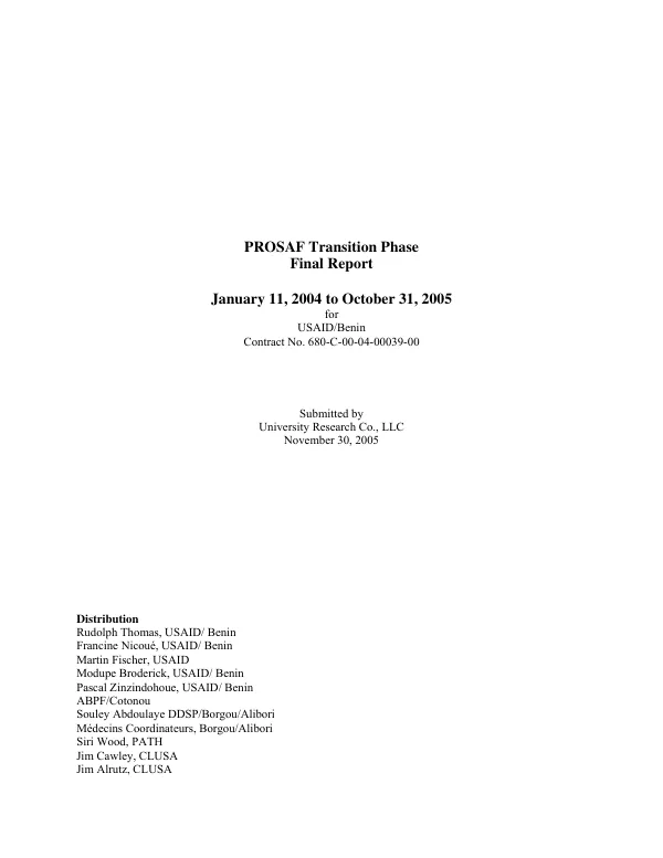 PROSAF transition phase : final report, January 11, 2004 to October 31, 2005 for USAID/Benin -- contract no. 680-C-00-04-00039-00
