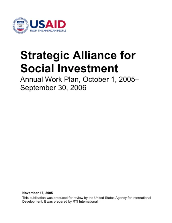 Strategic alliance for social investment : annual work plan, October 1, 2005-September 30, 2006