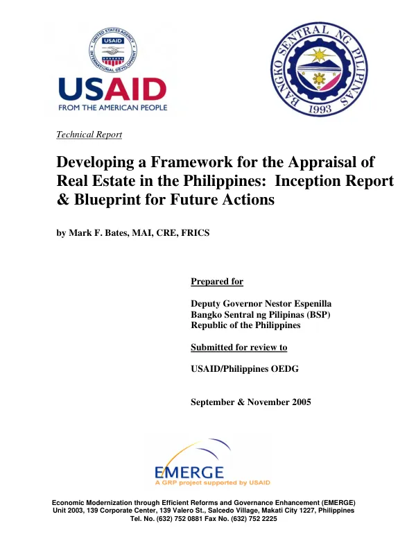 Developing a framework for the appraisal of real estate in the Philippines : inception report & blueprint for future actions