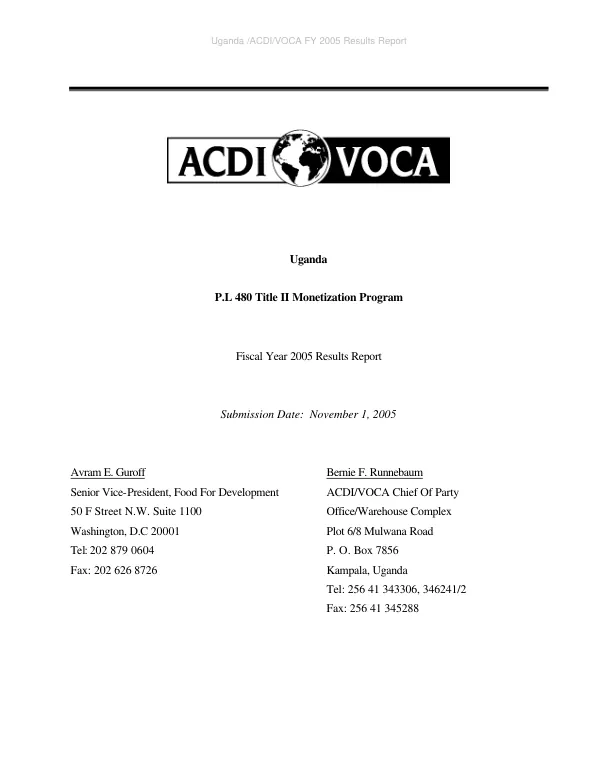 Uganda : P.L. 480 Title II monetization program -- fiscal year 2005 results report