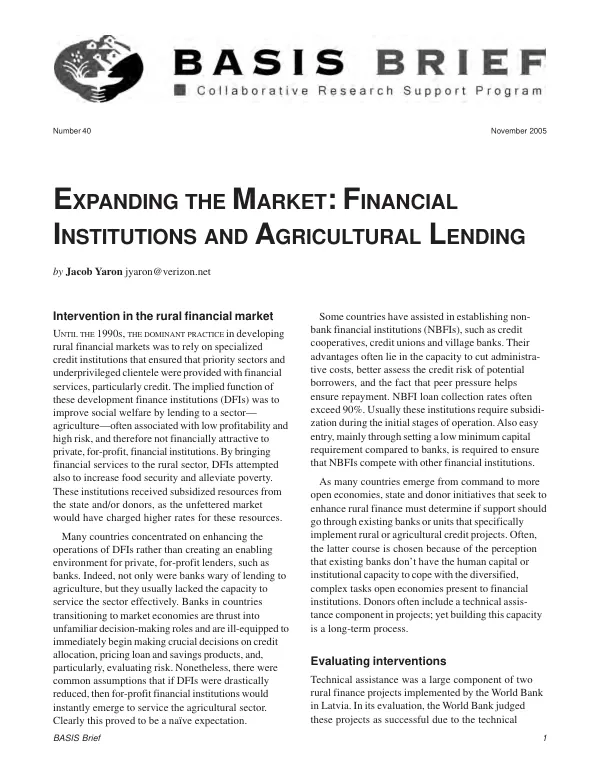 Expanding the market : financial institutions and agricultural lending