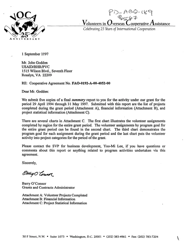 Volunteers in Overseas Cooperative Assistance (VOCA) : final summary report for cooperative agreement no. FAO-0192-A-00-4052-00