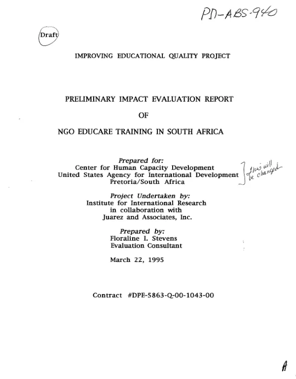 Improving educational quality [IEQ] project : preliminary impact evaluation report of NGO educare training in South Africa