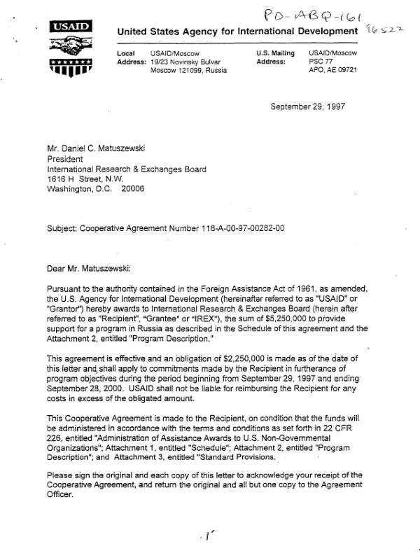 USAID cooperative agreement no. 118-A-00-97-00282-00 with the International Research & Exchanges Board to provide support for the sustaining partnerships into the next century (SPAN) program