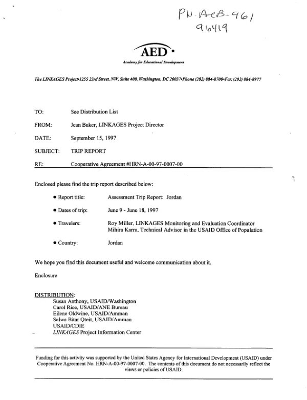 Assessment trip report : Jordan -- June 9-June 18, 1997
