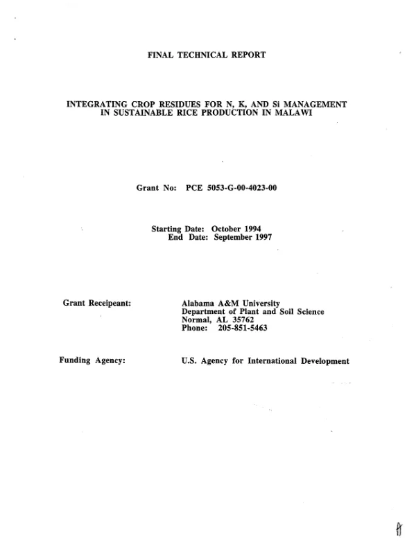 Final technical report : integrating crop residues for N, K, and Si management in sustainable rice production in Malawi