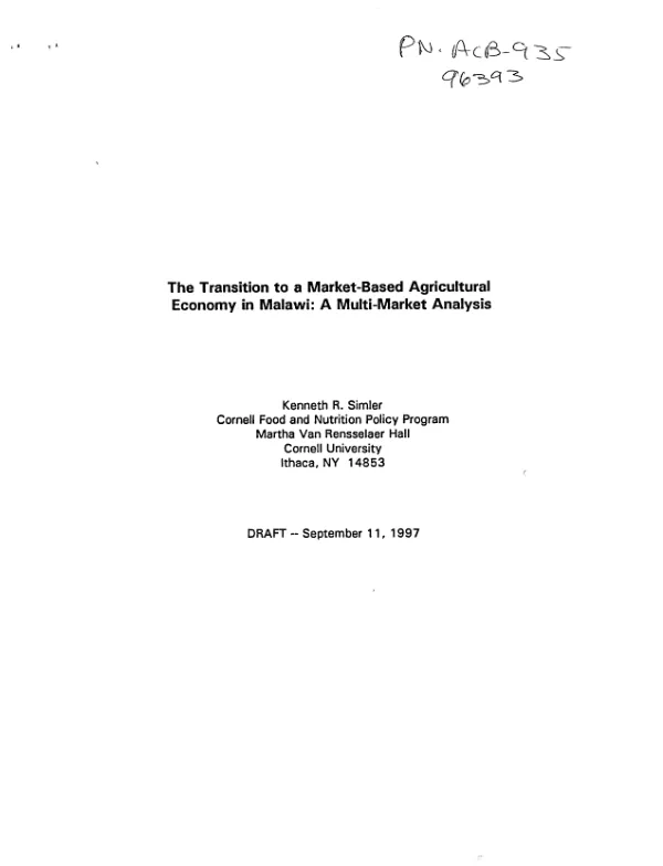 Transition to a market-based agricultural economy in Malawi : a multi-market analysis
