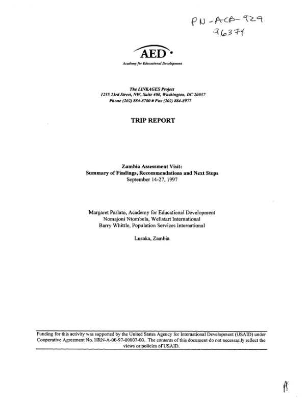 Trip report -- Zambia assessment visit : summary of findings, recommendations and next steps