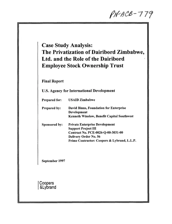 Case study analysis : the privatization of Dairibord Zimbabwe, Ltd. and the role of Dairibord Employee Stock Ownership Trust -- final report