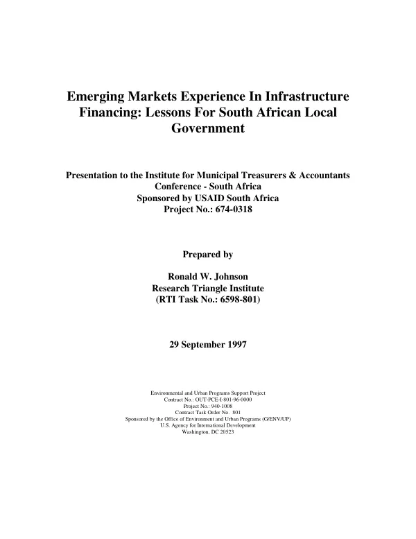 Emerging markets experience in infrastructure financing : lessons for the South African local government