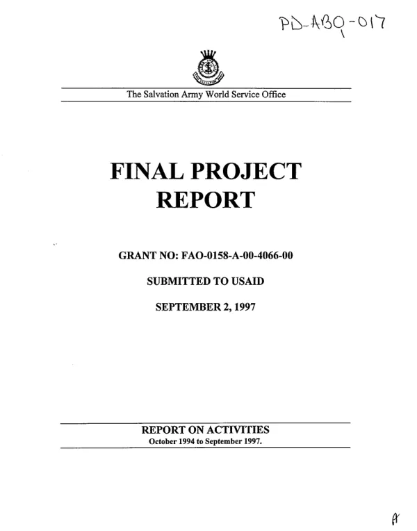 The Salvation Army World Service Office : final project report -- grant no. FAO-0158-A-00-4066-00 -- report on activities, October 1994 to September 1997