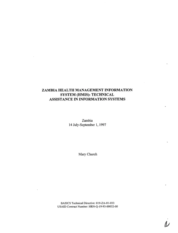 Zambia health management information system (HMIS) : technical assistance in information systems -- Zambia, 14 July-September 1, 1997
