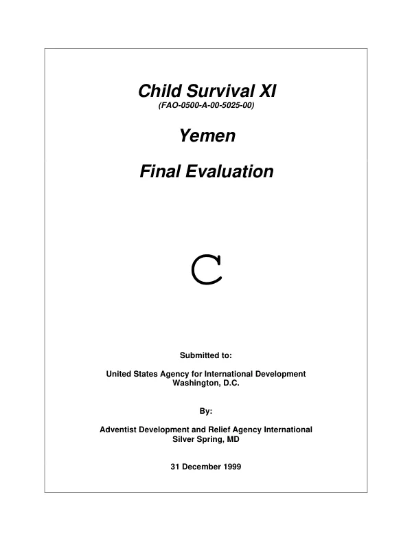 Child survival XI ADRA/Yemen final evaluation : (project #FAO-0500-A-00-5025-00) Hais, Khokha and Jabal Ras districts, Hodeidah Governorate, Republic of Yemen