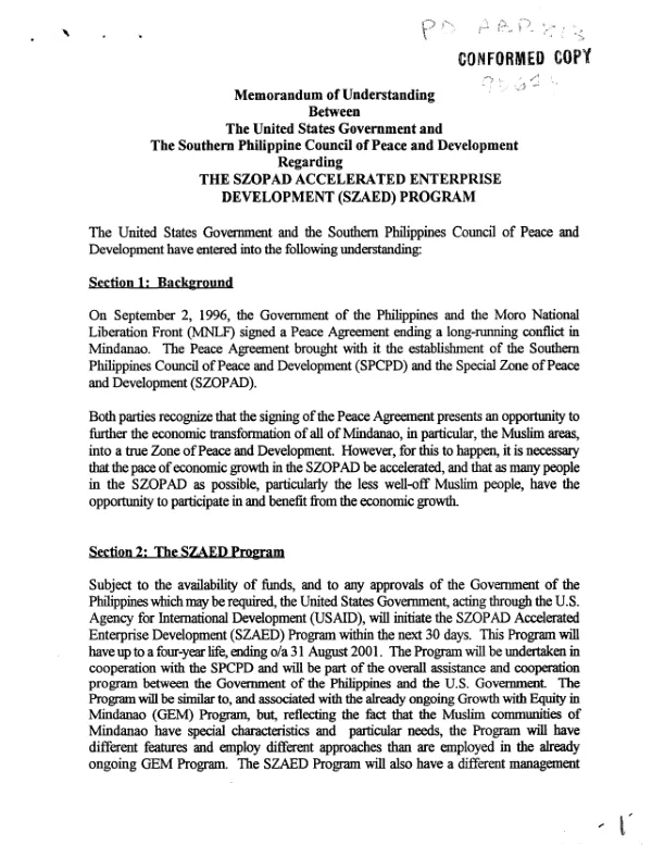 Memorandum of understanding between the United States Government and the Southern Philippine Council of Peace and Development regarding the Szopad accelerated enterprise development (SZAED) program