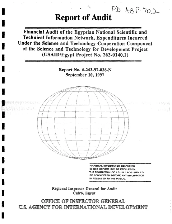 Financial audit of the Egyptian National Scientific and Technical Information Network, expenditures incurred under the science and technology cooperation component of the science and technology for development project (USAID/Egypt project no. 263-0140.1)