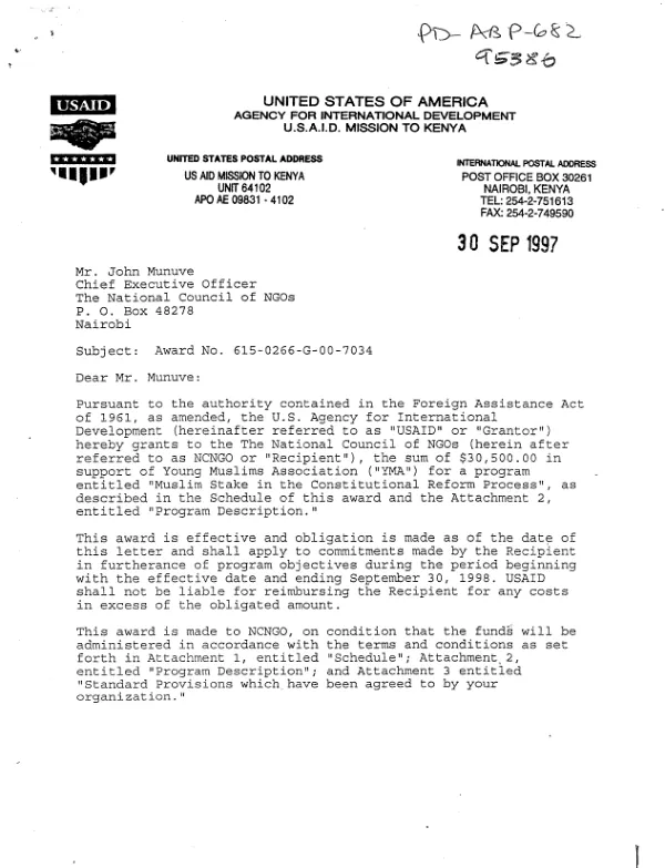 USAID award no. 615-0266-G-00-7034-00 to the National Council of NGOs in support of Young Muslims Association for a program entitled "muslin stake in the constitutional reform process"