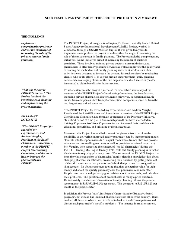 Successful partnerships : the PROFIT [promoting financial investments and transfers] project in Zimbabwe