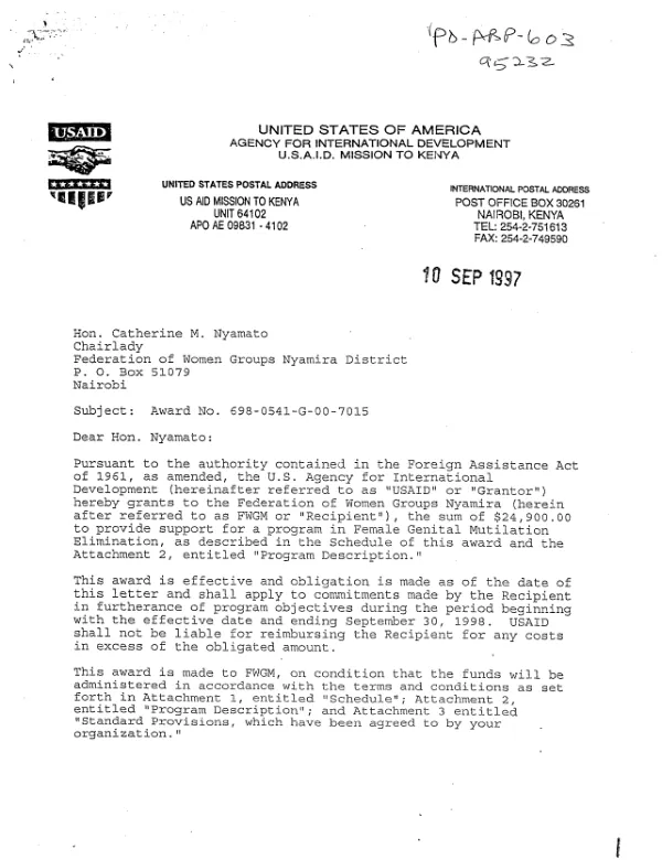 USAID award no. 698-0541-G-00-7015-00 to the Federation of Women Groups Nyamira District to provide support a program in female genital mutilation elimination