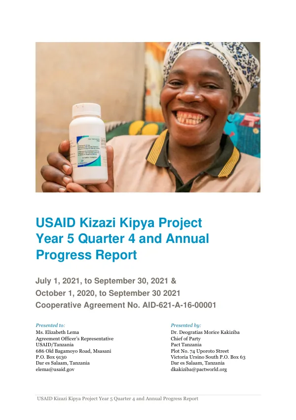USAID kizazi kipya project : year 5 quarter 4 and annual progress report, July 1, 2021, to September 30, 2021 & October 1, 2020, to September 30 2021