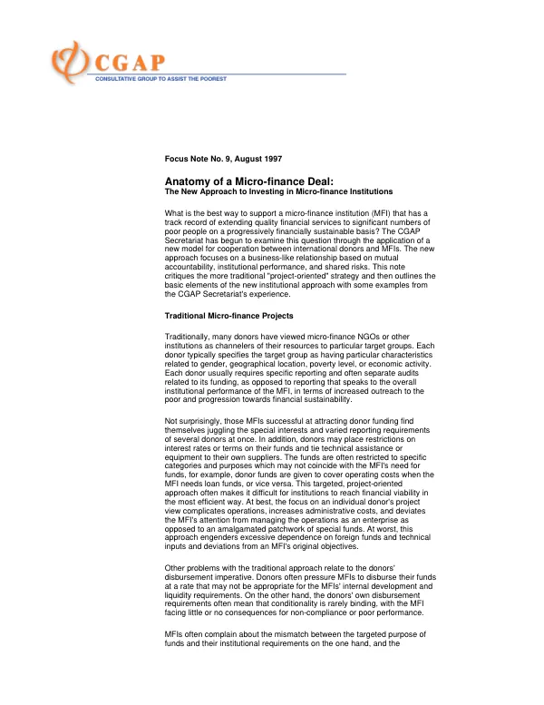 Anatomy of a micro-finance deal : a new approach to investing in micro-finance institutions