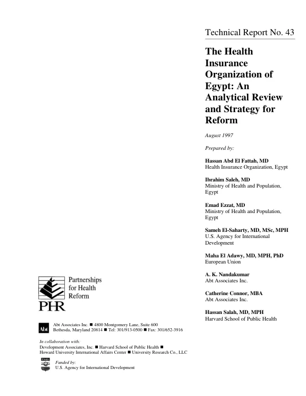 Health Insurance Organization [HIO] of Egypt : an analytical review and strategy for reform