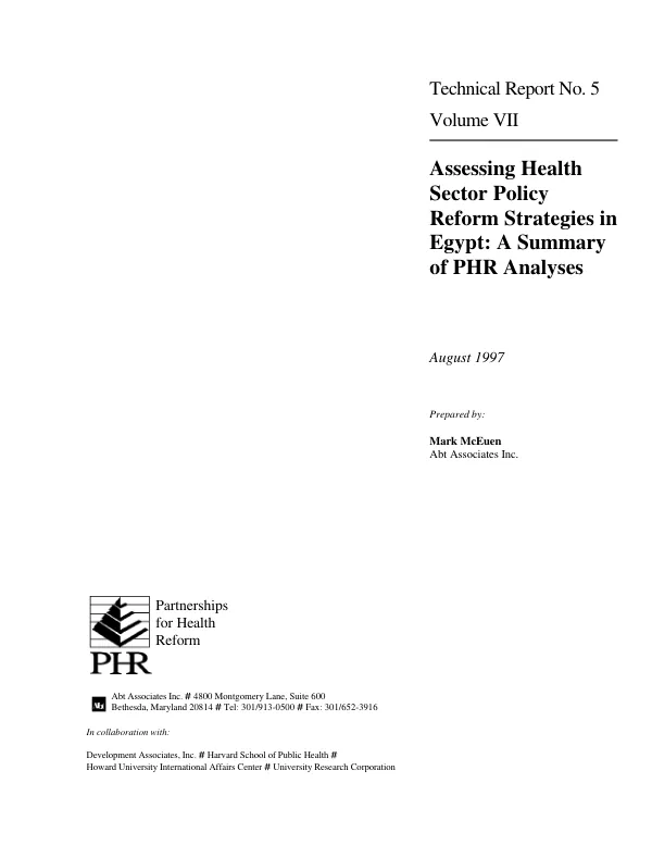 Assessing health sector policy reform strategies in Egypt : a summary of PHR analyses