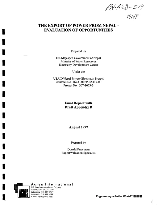 Export of power from Nepal : evaluation of opportunities -- final report with draft appendix B