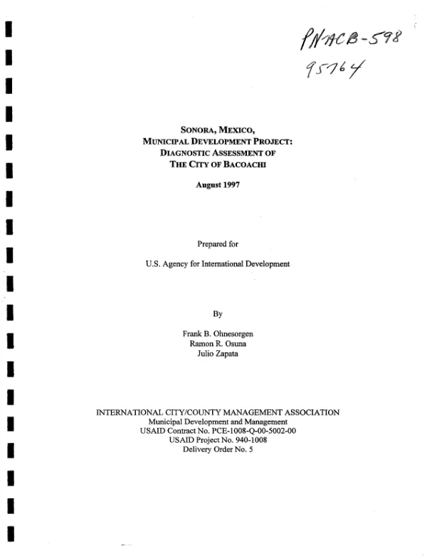 Sonora, Mexico, municipal development project : diagnostic assessment of the City of Bacoachi