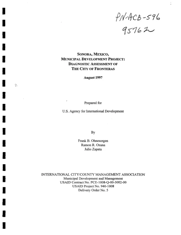 Sonora, Mexico, municipal development project : diagnostic assessment of the City of Fronteras