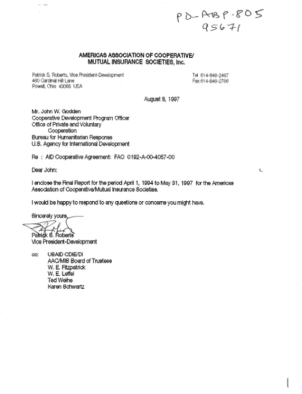 Americas Association of Cooperative/Mutual Insurance Societies, Inc. : final report -- April 1, 1994-May 31, 1997 : AID cooperative agreement no. FAO-0192-A-00-4057-00