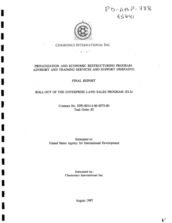 Privatization and economic restructuring program advisory and training services and support (PERPADVI) : final report -- roll-out of the enterprise land sales program (ELS)
